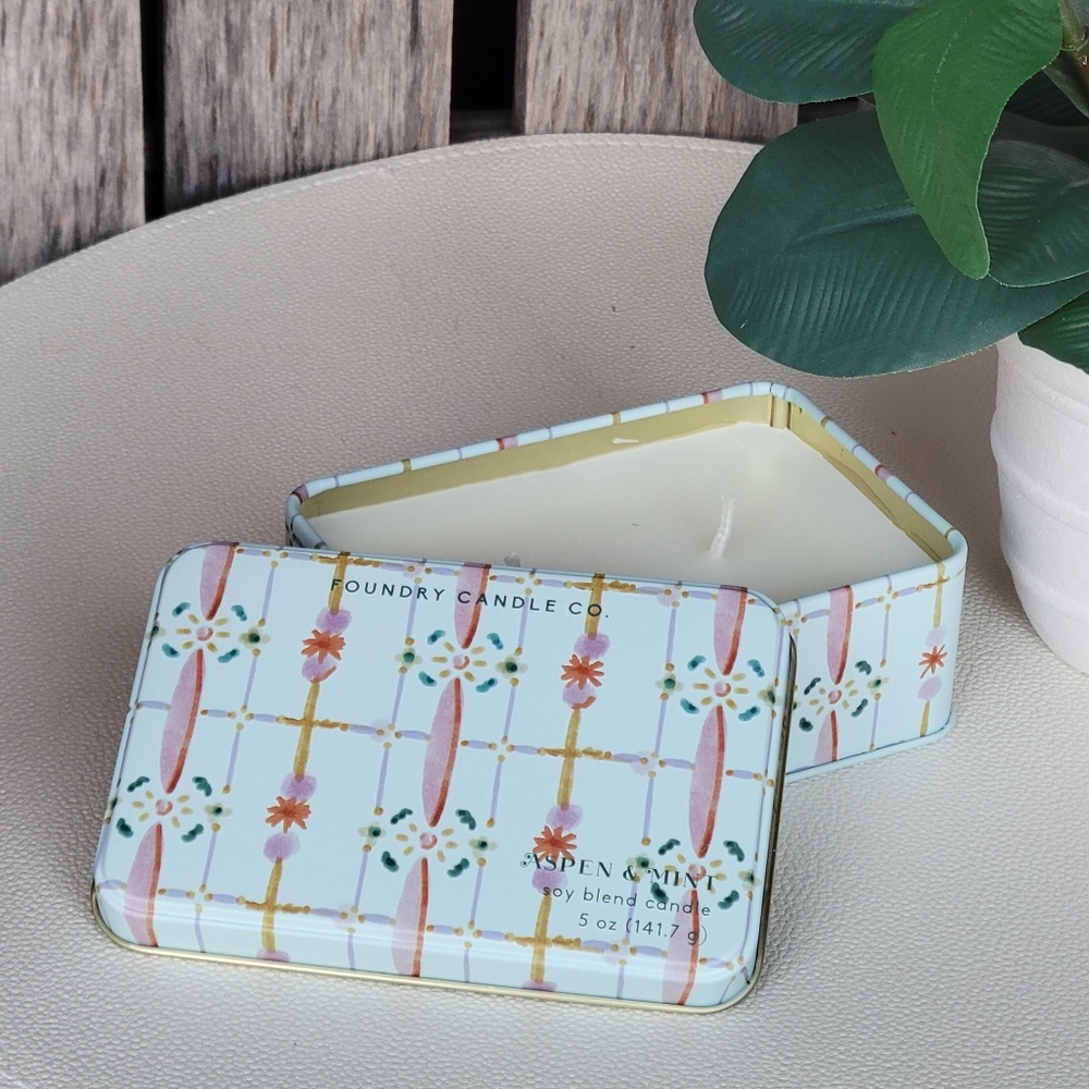 Aspen + Mint 5oz Double Wick Light Aqua Floral Tin -Foundry Candle Co.